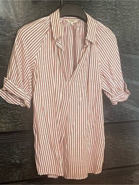 Max Studio Rust and White Striped V-Neck Blouse